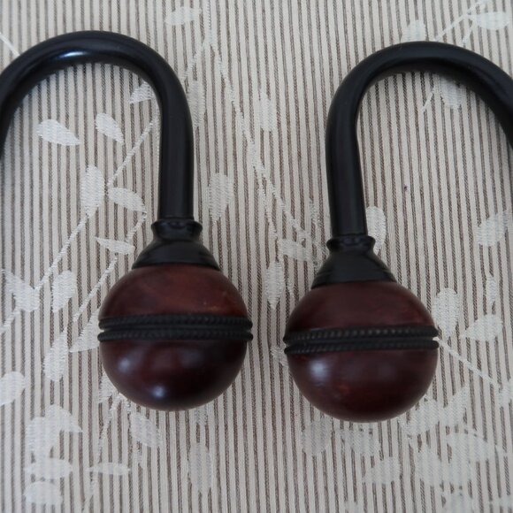 2 Curtain Drapery Tie Backs Holders Hooks Wall Mounted Wood and Metal - Picture 1 of 5